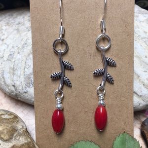Silver twig red dyed coral earrings nickel free